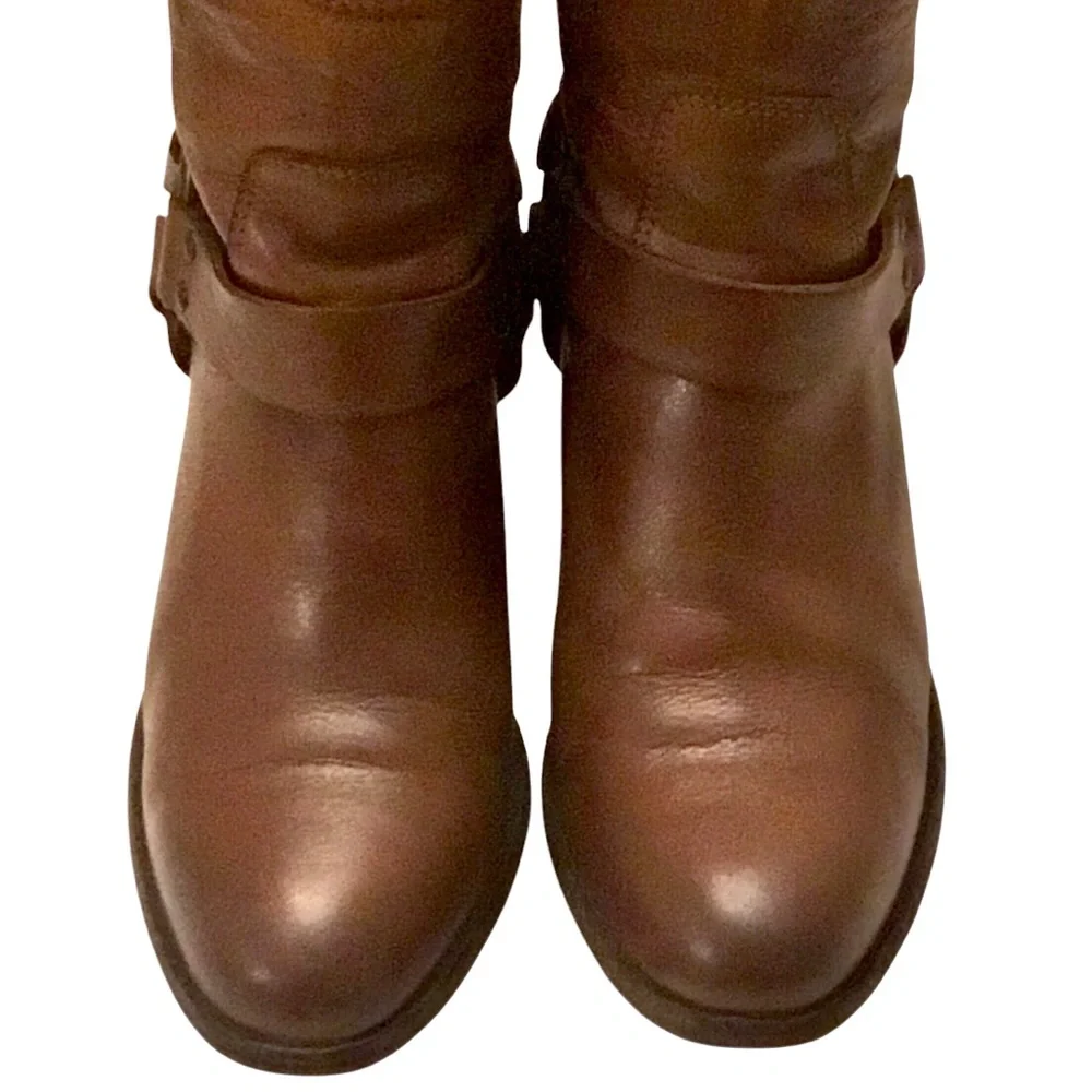 Frye Tabitha Brown Leather Short Ankle Boots Moto Harness Stacked Heel Size-8.5
